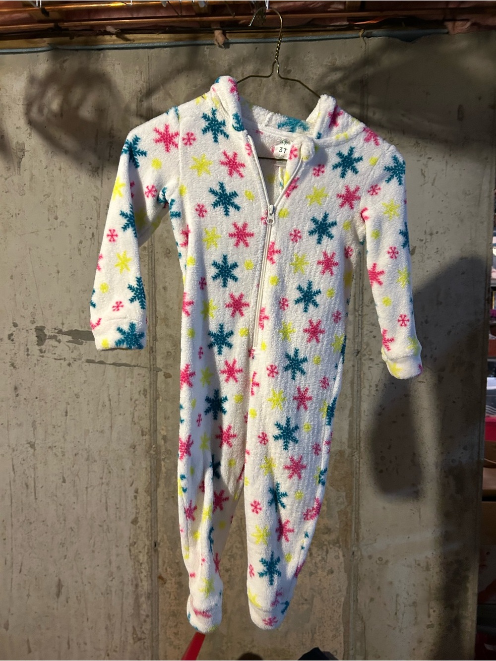 Kids White Fleece One-Piece with Pink, Teal & Yellow Snowflakes and hood